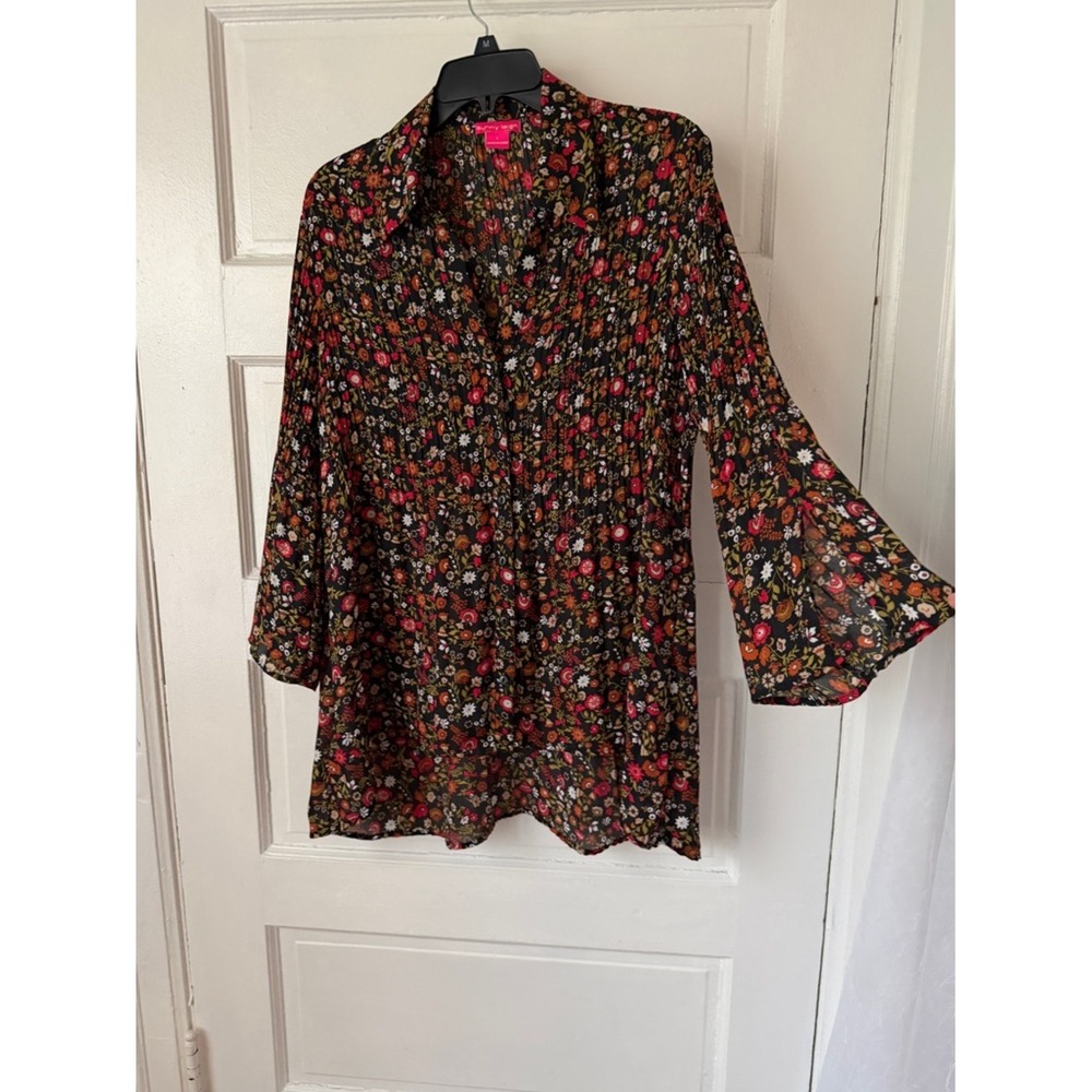 Sunny Leigh Colorful Floral Pleated Peasant Top Button Down Slit Flutter Sleeve - Picture 9 of 13